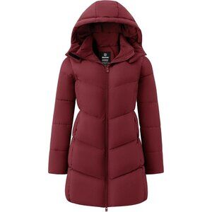 Women's Wine Red Warm Winter Coat Hooded Puffer Jacket Long Parka